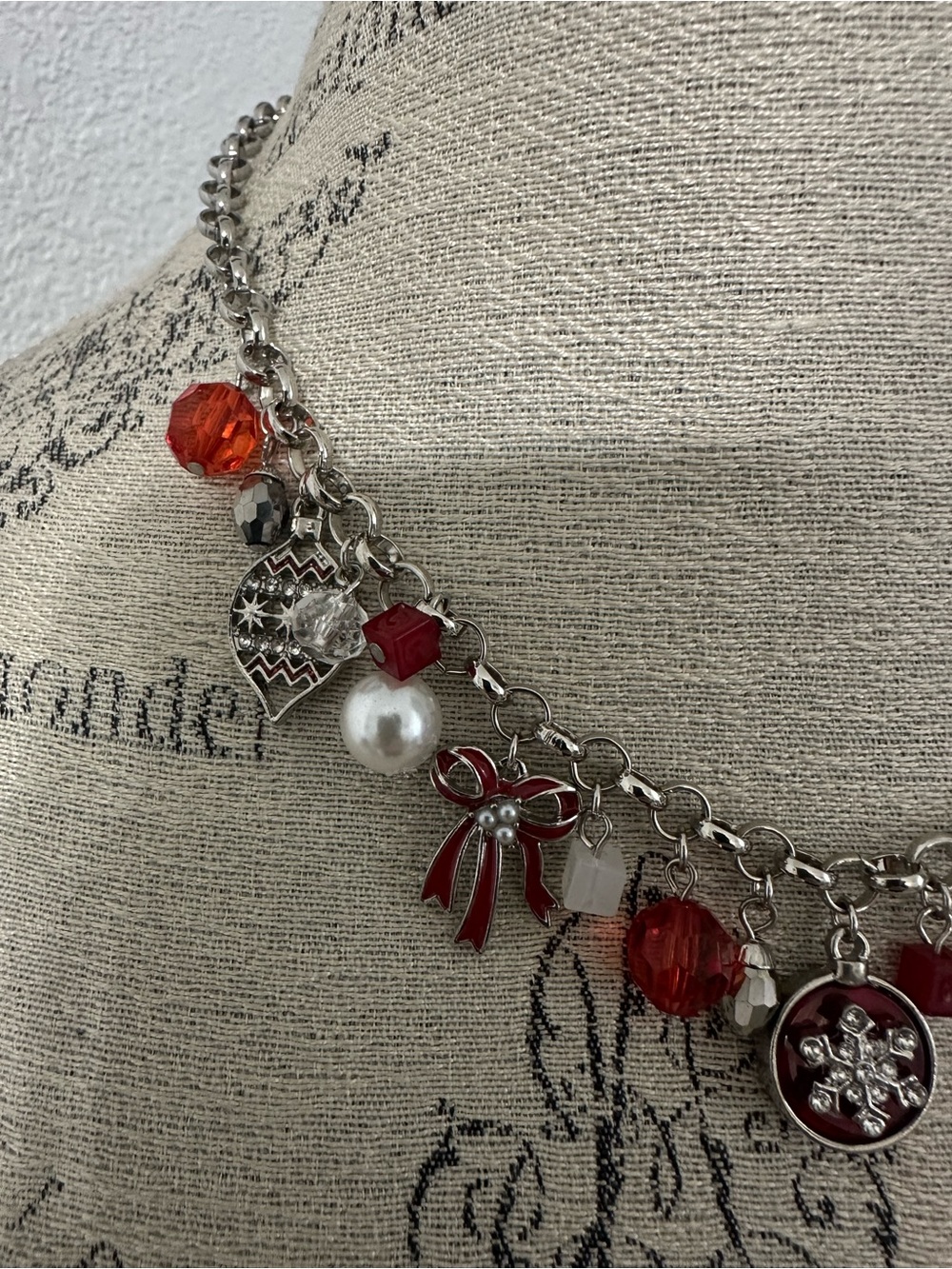 Red Charm Necklace with Pearls and Crystal Accents